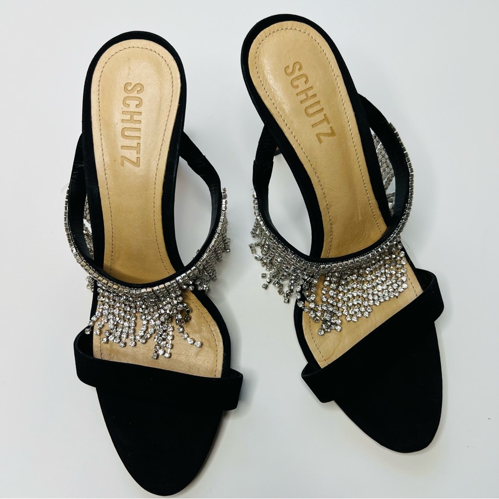 Schultz Heels w Rhinestone Sania Crystal Fringe Slide Sandal Size 8 Black Silver